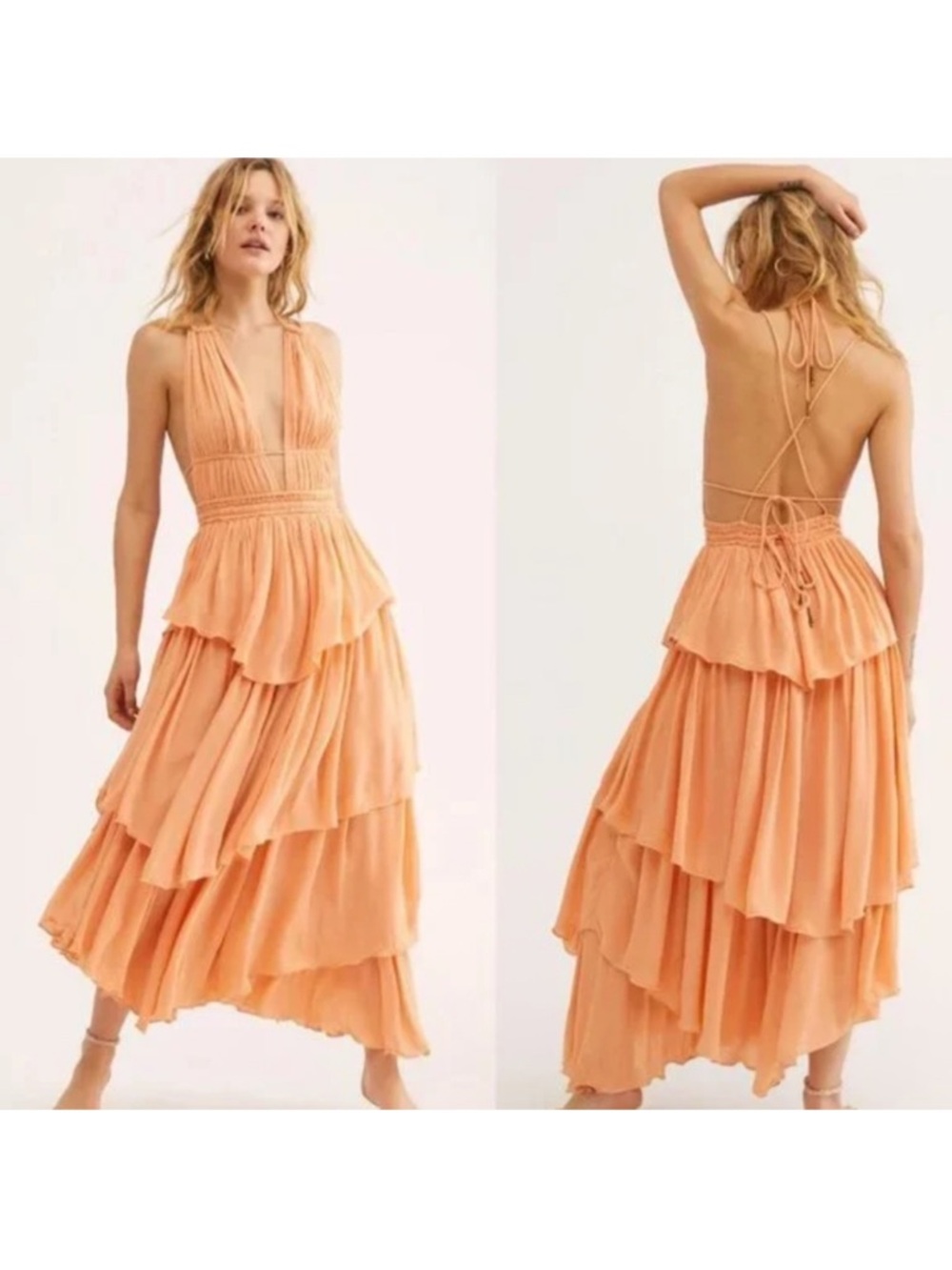 Free People Drop Dead Beauty Maxi Dress Peach Tiered Halter Maxi Dress